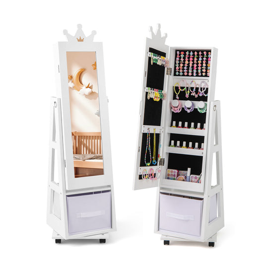 Kids Jewelry Armoire Cabinet with Swivel Base and Lockable Universal Wheels-White