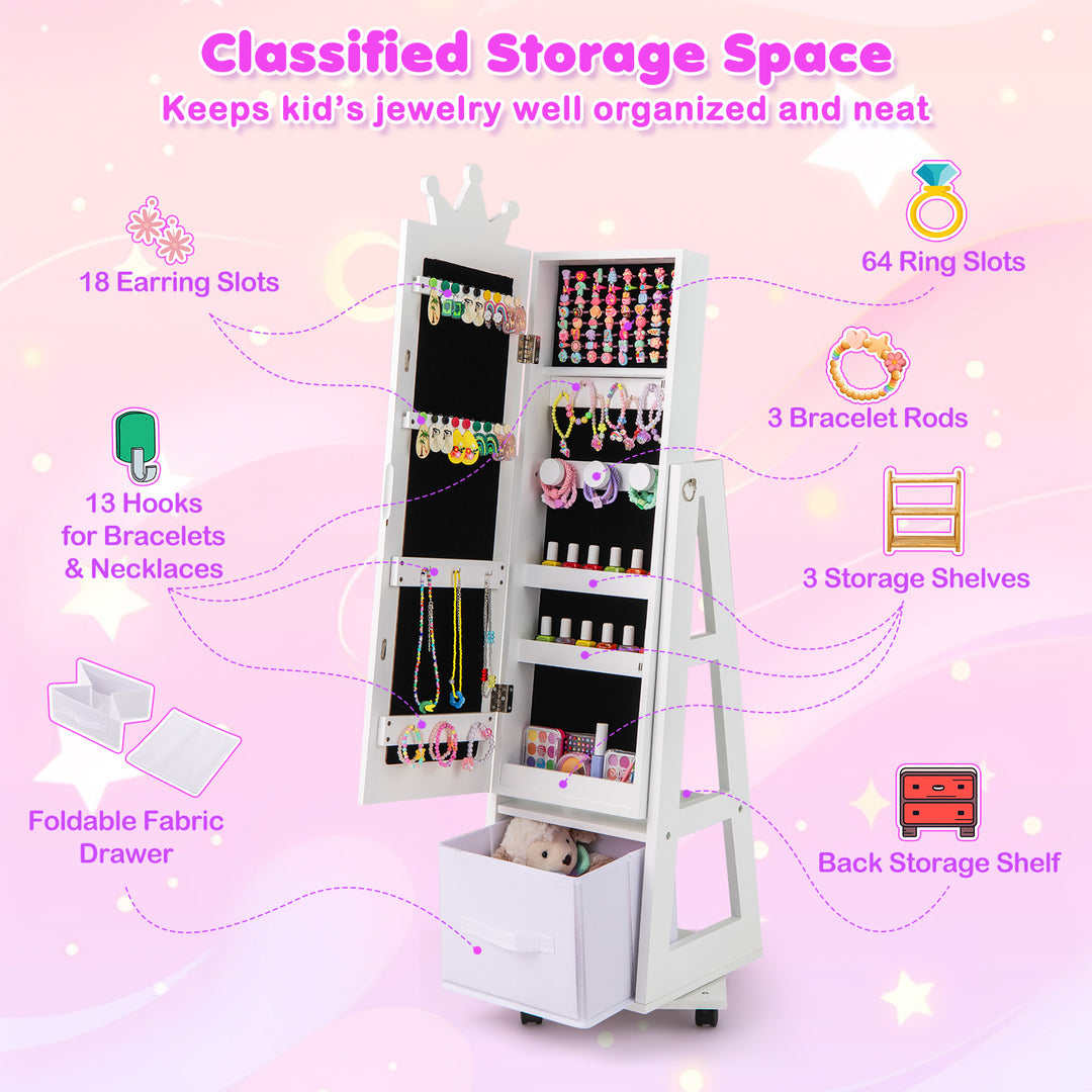 Kids Jewelry Armoire Cabinet with Swivel Base and Lockable Universal Wheels-White