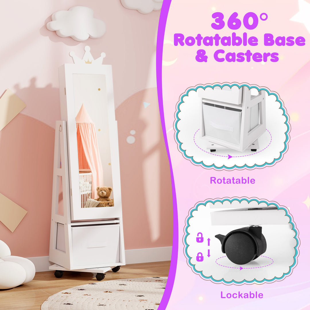 Kids Jewelry Armoire Cabinet with Swivel Base and Lockable Universal Wheels-White