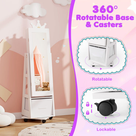 Kids Jewelry Armoire Cabinet with Swivel Base and Lockable Universal Wheels-White