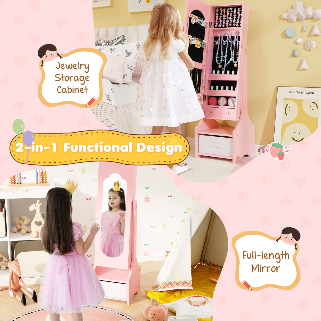 Freestanding Kids Jewelry Armoire Cabinet with Storage and 2 Tilt Angles-Pink