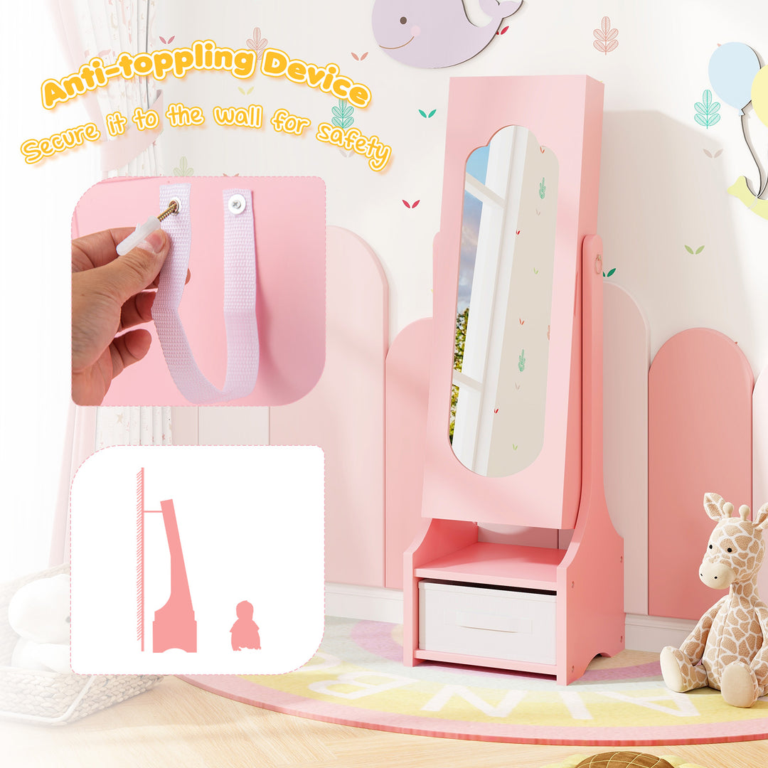 Freestanding Kids Jewelry Armoire Cabinet with Storage and 2 Tilt Angles-Pink