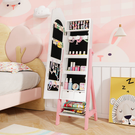 Kids Jewelry Organizer with Full Length Mirror Drawers and Storage Shelves-White