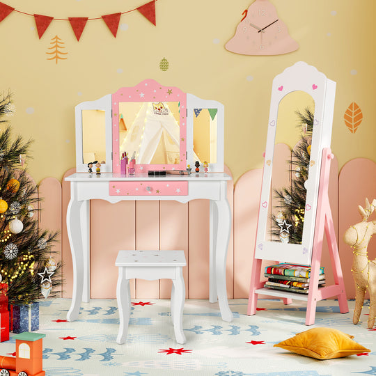 Kids Jewelry Organizer with Full Length Mirror Drawers and Storage Shelves-White