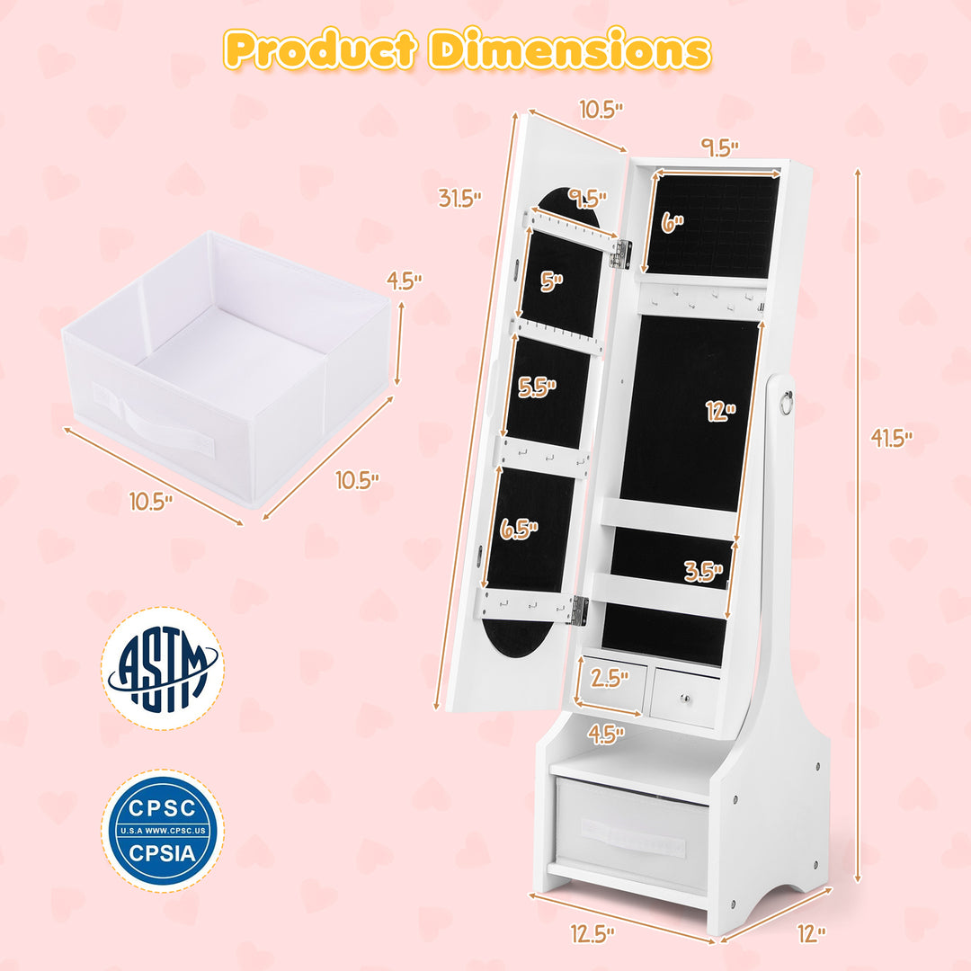 Freestanding Kids Jewelry Armoire Cabinet with Storage and 2 Tilt Angles-White