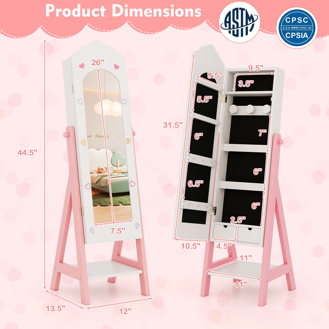 Kids Jewelry Organizer with Full Length Mirror Drawers and Storage Shelves-White