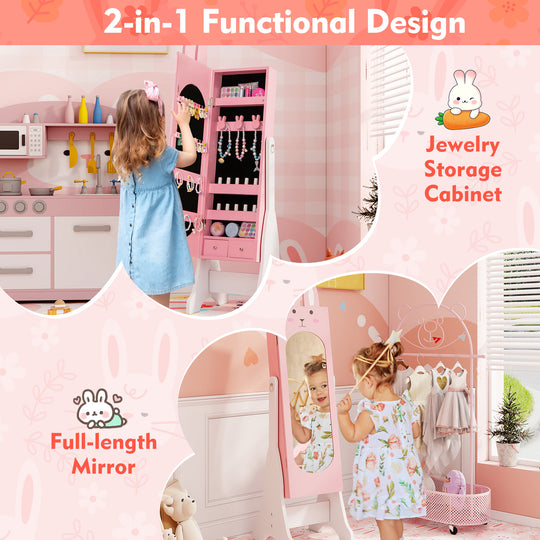 Kids Jewelry Armoire Cabinet with 2 Tilt Angles and Large Capacity-Pink