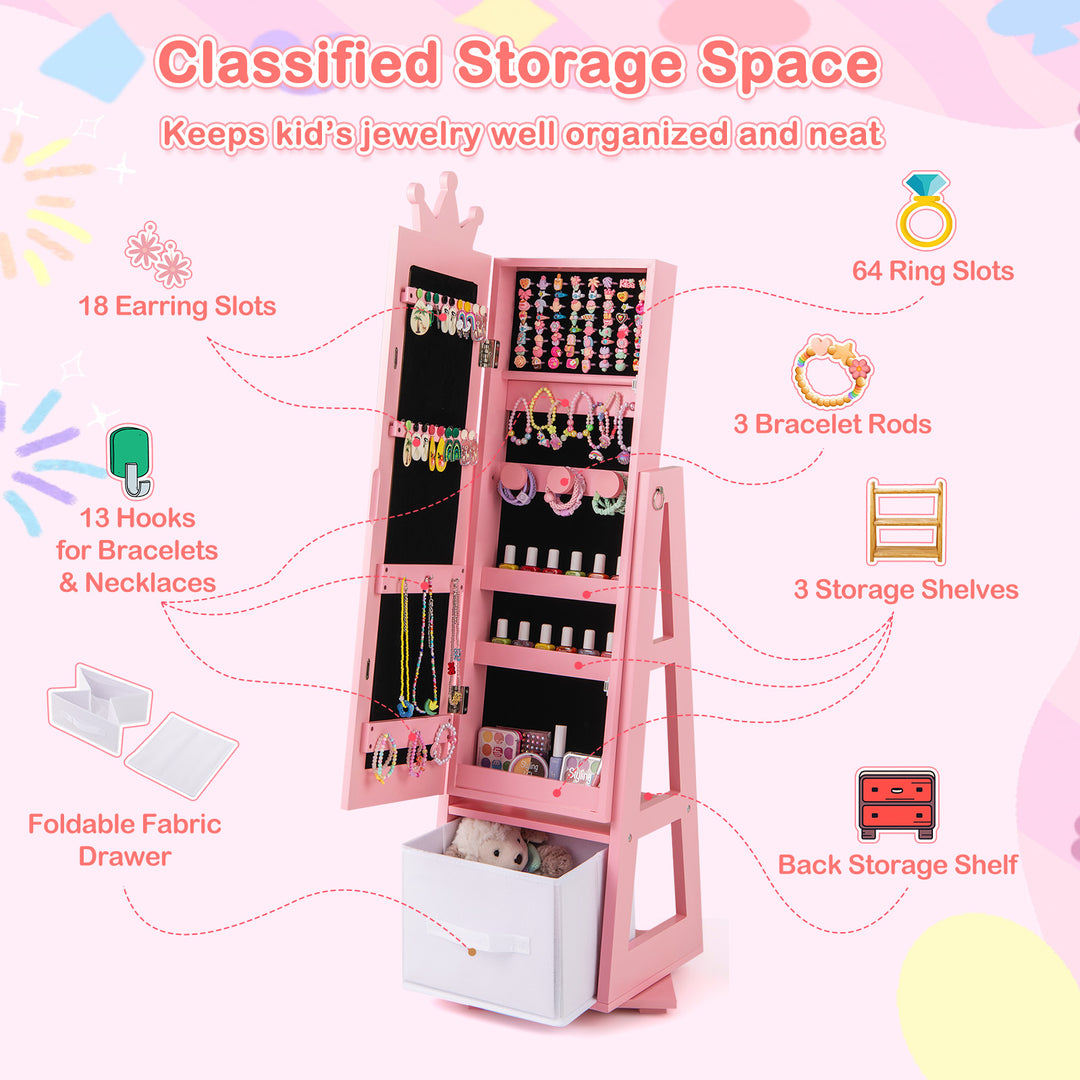 Kids Jewelry Armoire Cabinet with Large Storage Capacity and Swivel Base-Pink