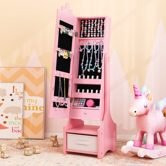 Kids Jewelry Cabinet with Full-Length Mirror for Kids Bedroom and Playroom-Pink