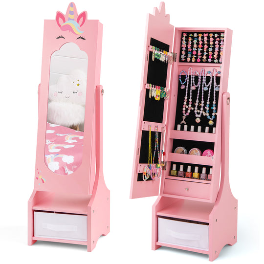 Kids Jewelry Cabinet with Full-Length Mirror for Kids Bedroom and Playroom-Pink