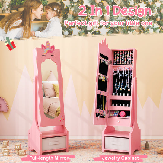 Kids Jewelry Cabinet with Full-Length Mirror for Kids Bedroom and Playroom-Pink