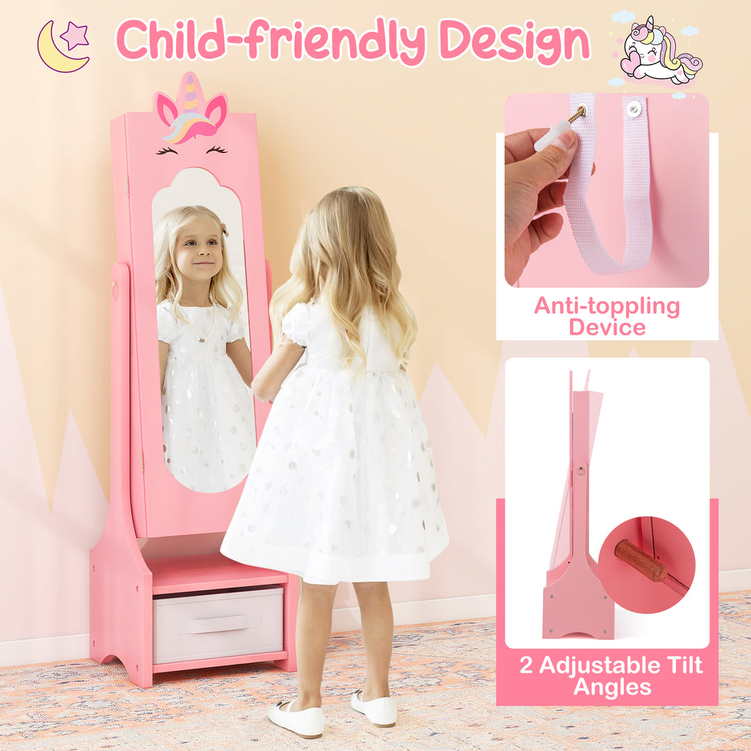 Kids Jewelry Cabinet with Full-Length Mirror for Kids Bedroom and Playroom-Pink