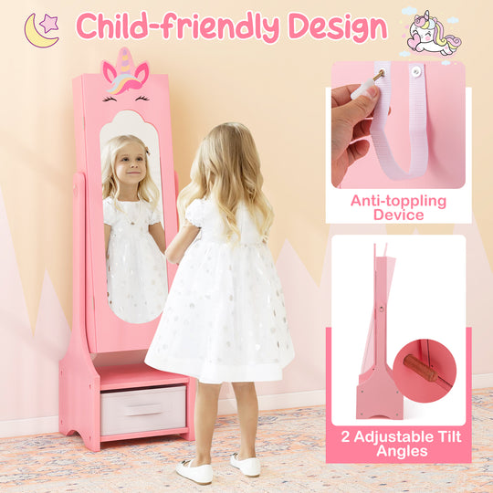 Kids Jewelry Cabinet with Full-Length Mirror for Kids Bedroom and Playroom-Pink