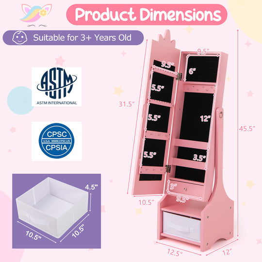 Kids Jewelry Cabinet with Full-Length Mirror for Kids Bedroom and Playroom-Pink