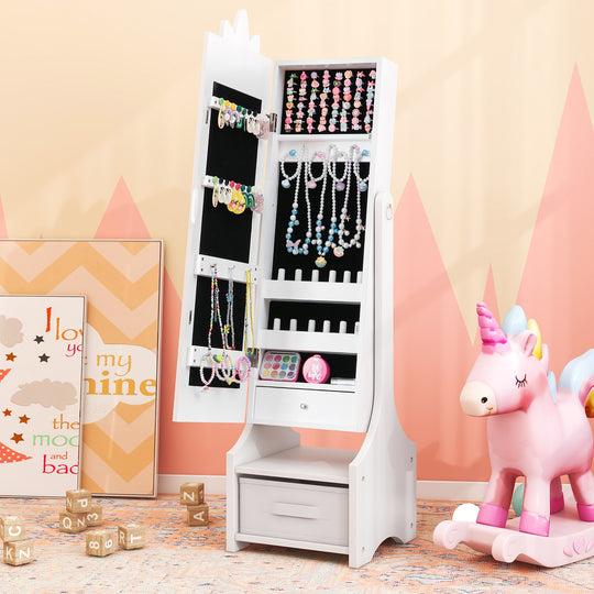 Kids Jewelry Cabinet with Full-Length Mirror for Kids Bedroom and Playroom-White