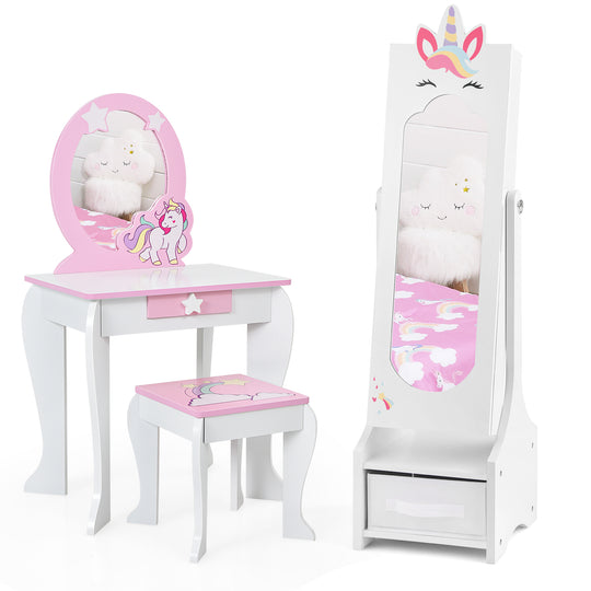 Kids Jewelry Cabinet with Full-Length Mirror for Kids Bedroom and Playroom-White