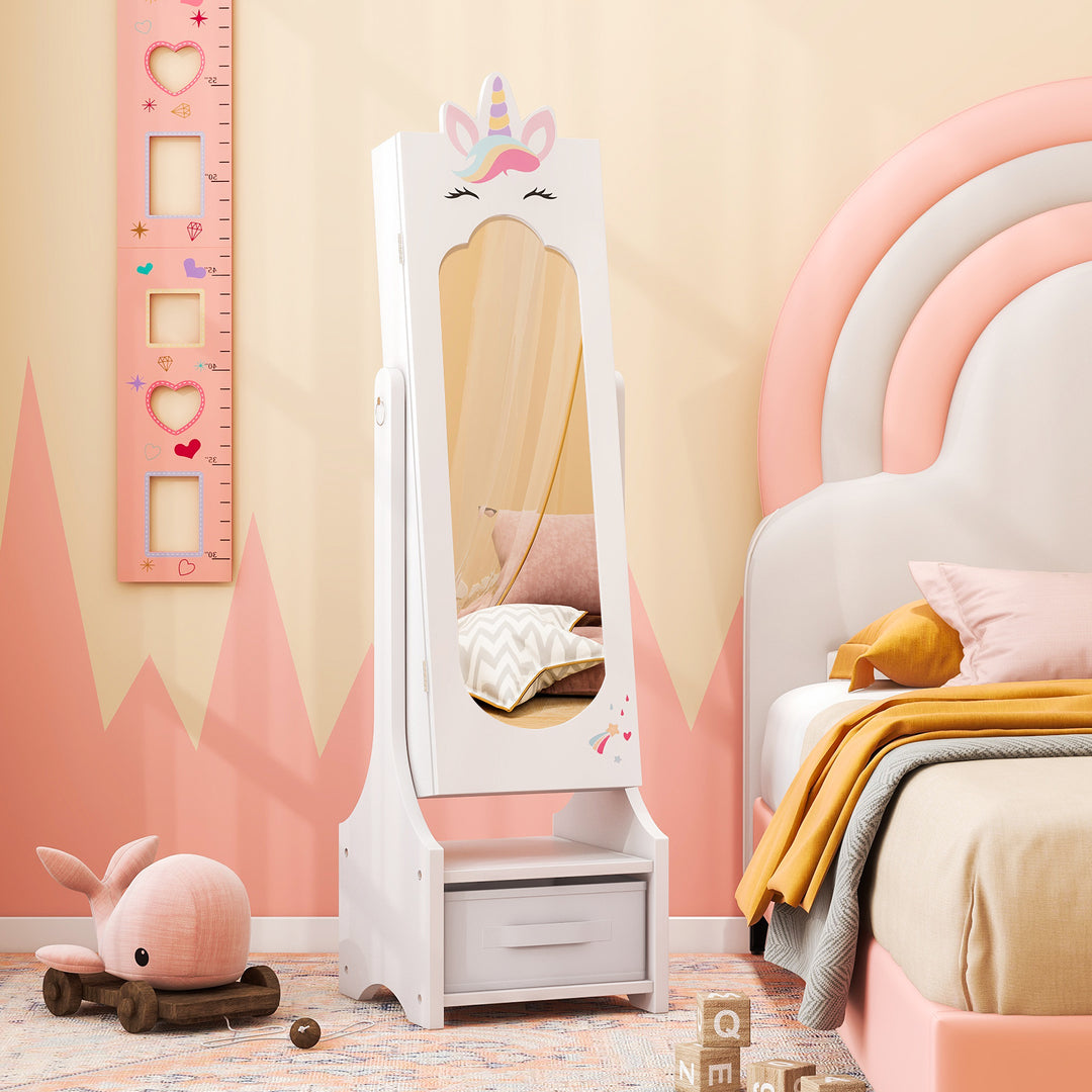 Kids Jewelry Cabinet with Full-Length Mirror for Kids Bedroom and Playroom-White