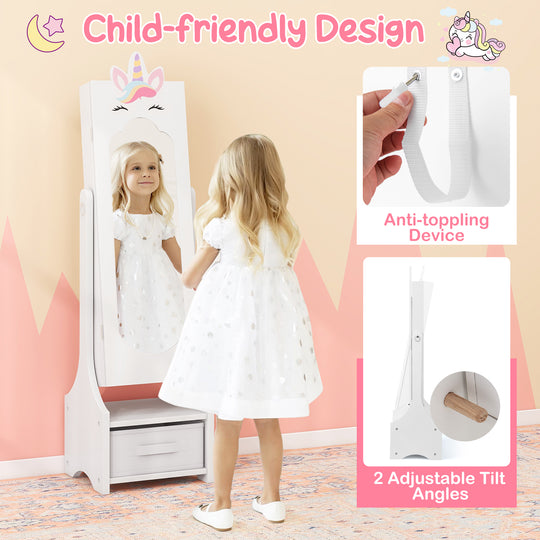 Kids Jewelry Cabinet with Full-Length Mirror for Kids Bedroom and Playroom-White