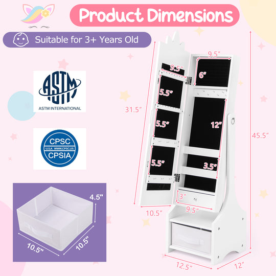 Kids Jewelry Cabinet with Full-Length Mirror for Kids Bedroom and Playroom-White
