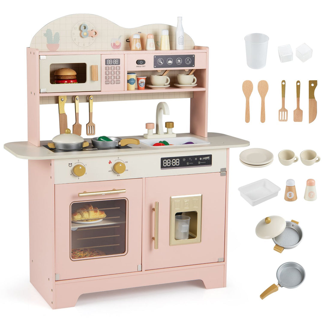 Kids Kitchen Playset with 17 Pcs Accessories and Oven Ice Maker and Stove