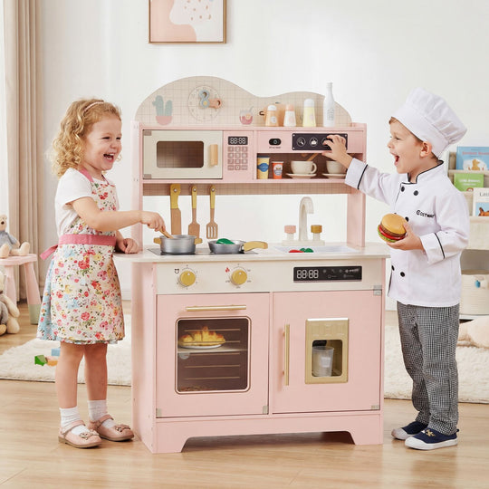 Kids Kitchen Playset with 17 Pcs Accessories and Oven Ice Maker and Stove