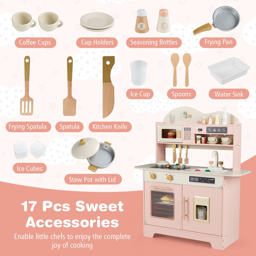Kids Kitchen Playset with 17 Pcs Accessories and Oven Ice Maker and Stove