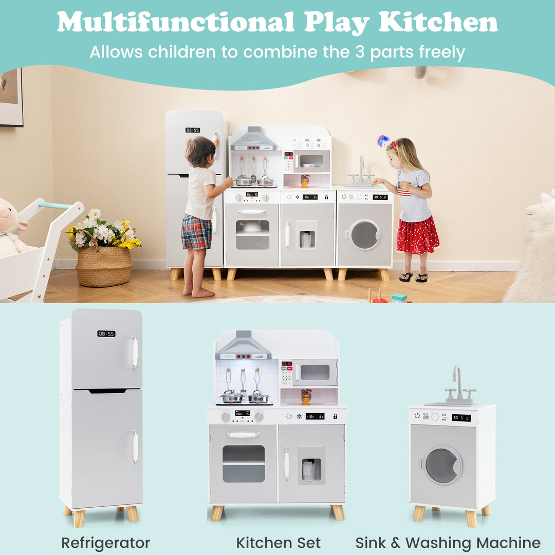 Kids Kitchen Playset 3-in-1 with Refrigerator and Washing Machine-Gray