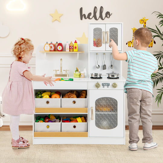 Kids Kitchen Playset with Cooking Accessories and Toy Cuttable Veggies-White
