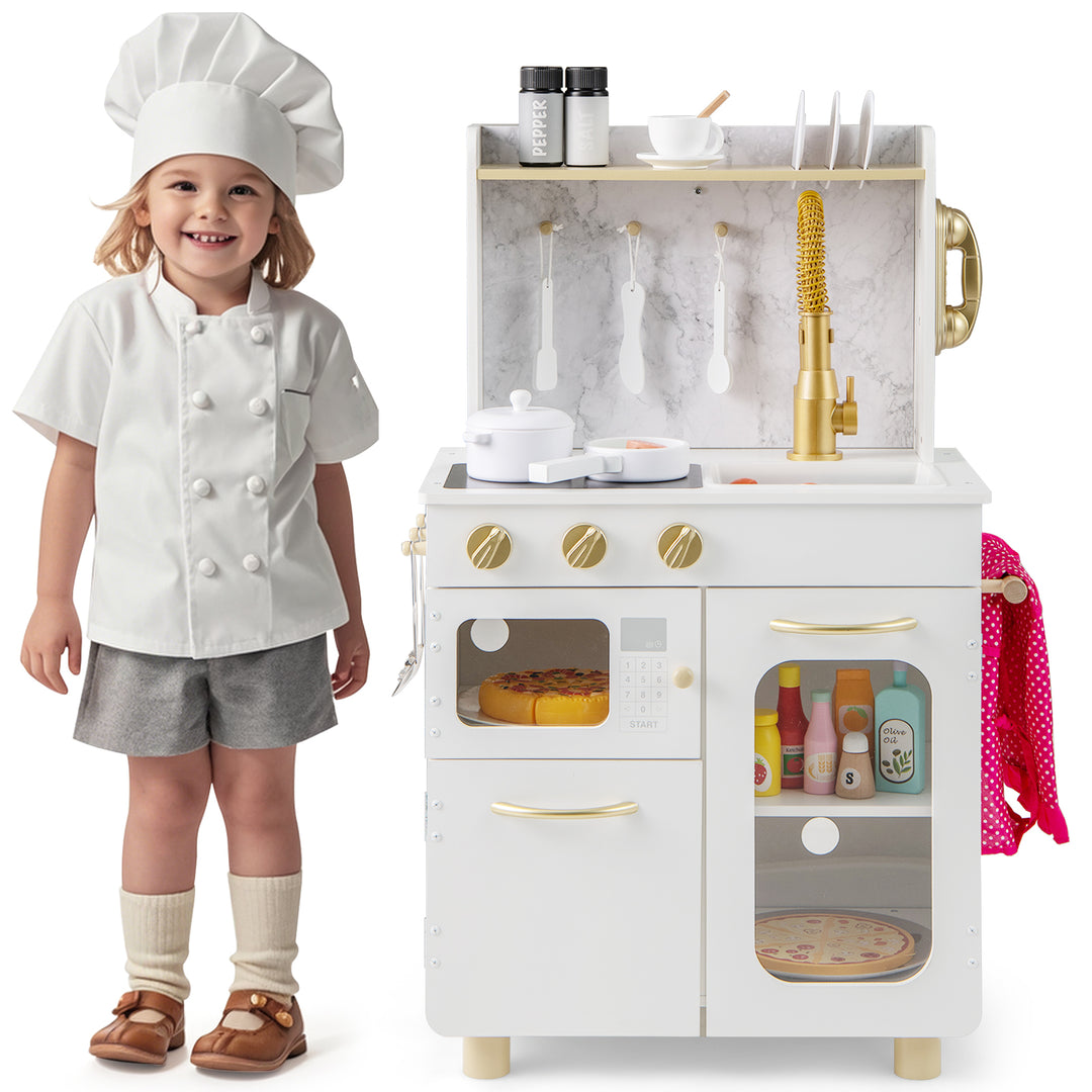 Kids Kitchen Set Pretend Play Kitchen with Stoves Faucet Sink Telephone Microwave and Oven-White