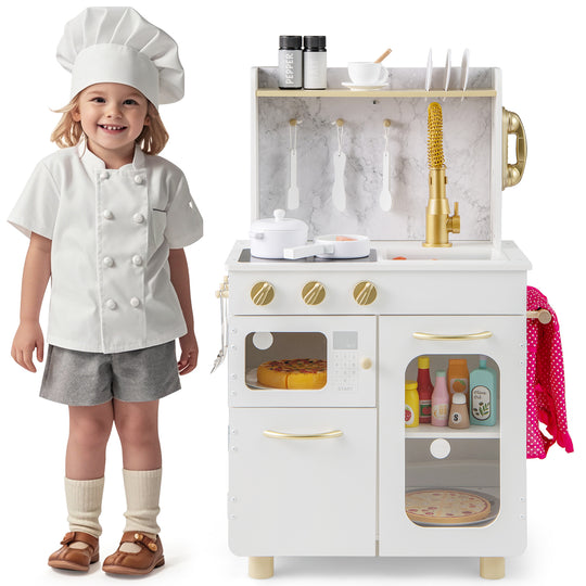 Kids Kitchen Set Pretend Play Kitchen with Stoves Faucet Sink Telephone Microwave and Oven-White