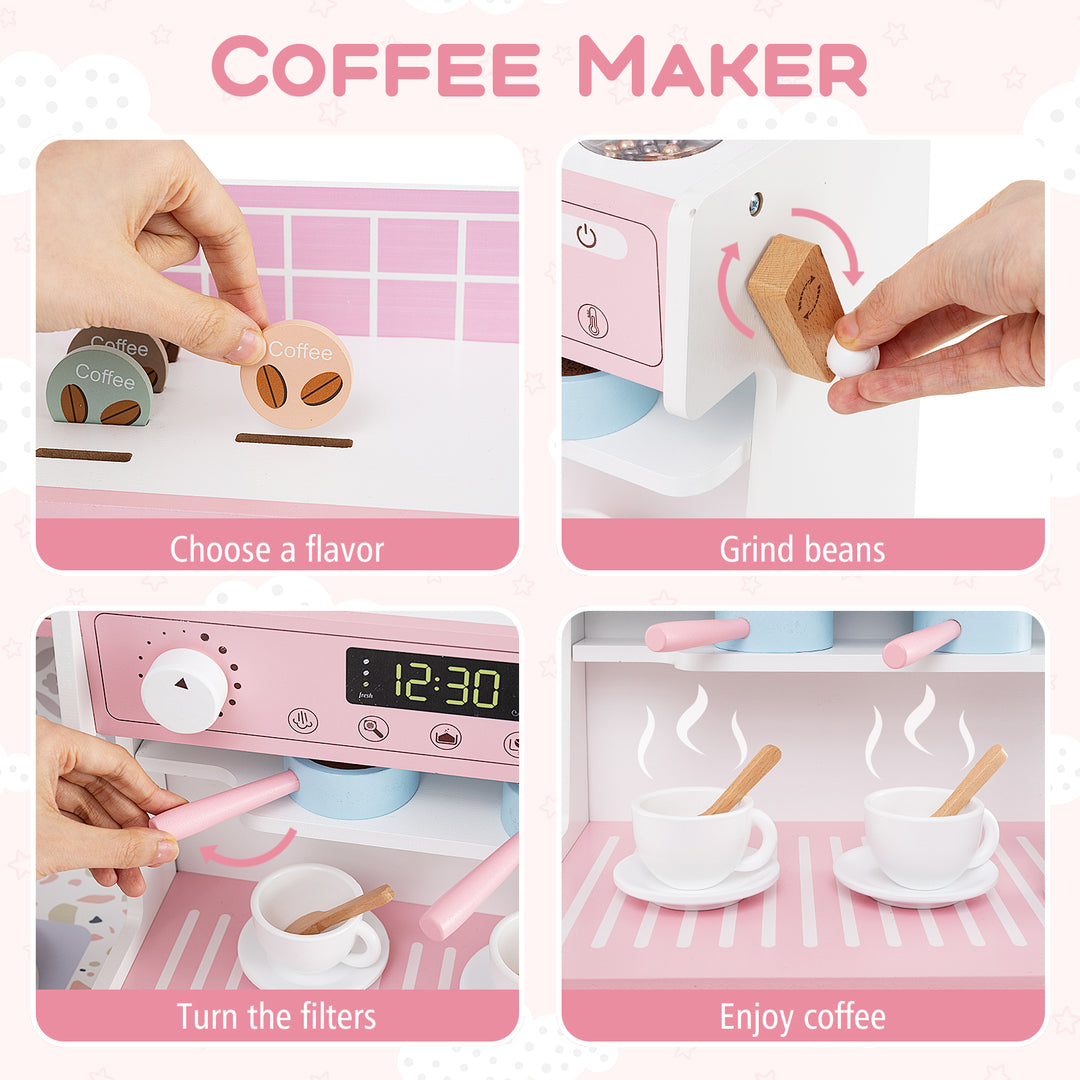 Kids Kitchen Set Wooden with Coffee Makers and Accessories-Pink