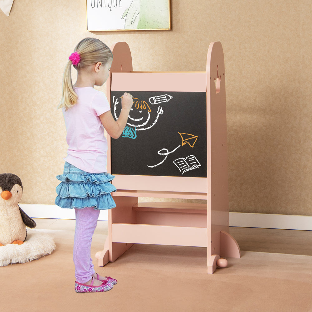 Kids Kitchen Tower Adjustable with Chalkboard and Safety Rail-Pink