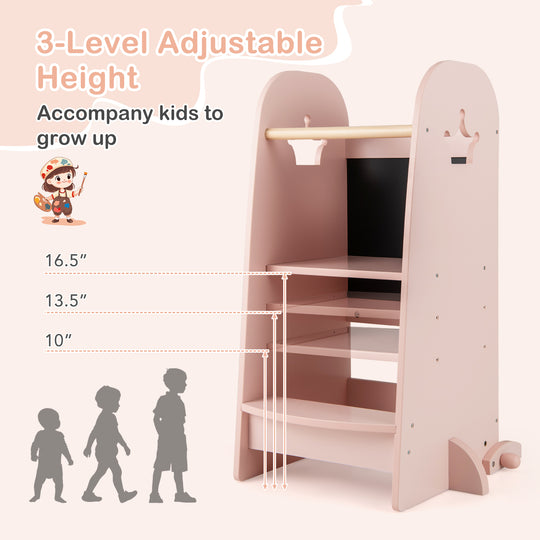 Kids Kitchen Tower Adjustable with Chalkboard and Safety Rail-Pink