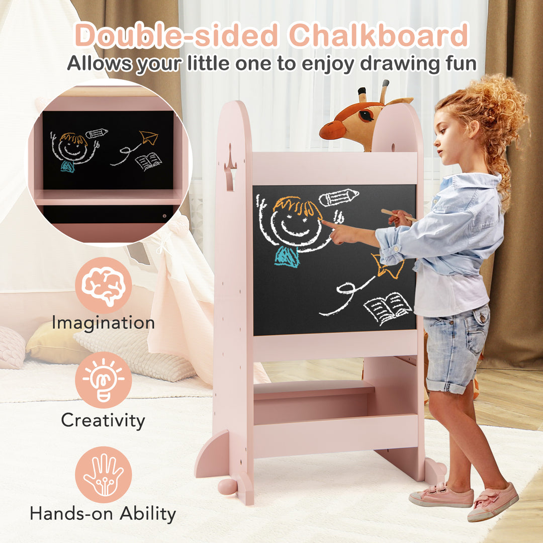 Kids Kitchen Tower Adjustable with Chalkboard and Safety Rail-Pink