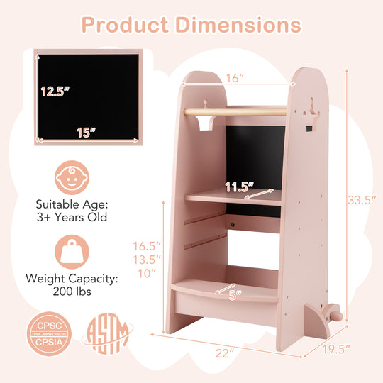 Kids Kitchen Tower Adjustable with Chalkboard and Safety Rail-Pink