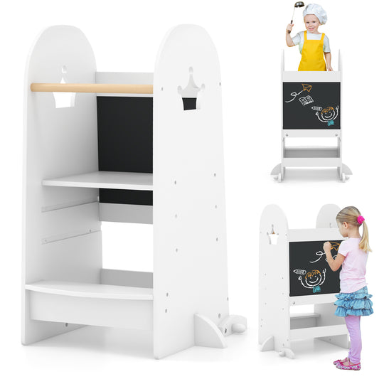 Kids Kitchen Tower Adjustable with Chalkboard and Safety Rail-White