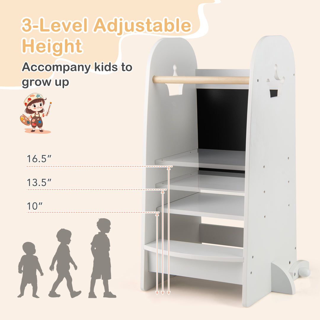 Kids Kitchen Tower Adjustable with Chalkboard and Safety Rail-White
