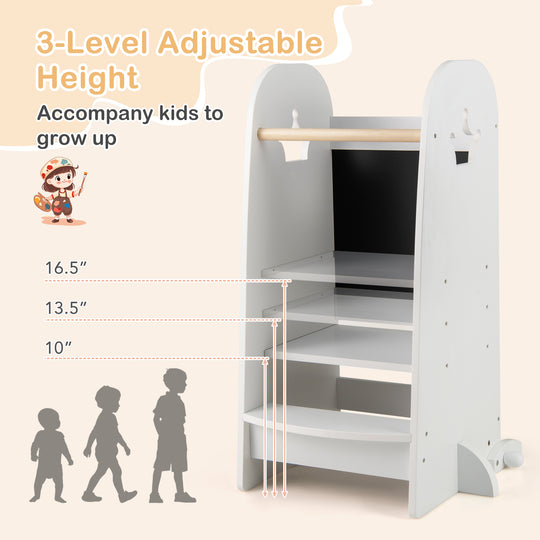 Kids Kitchen Tower Adjustable with Chalkboard and Safety Rail-White