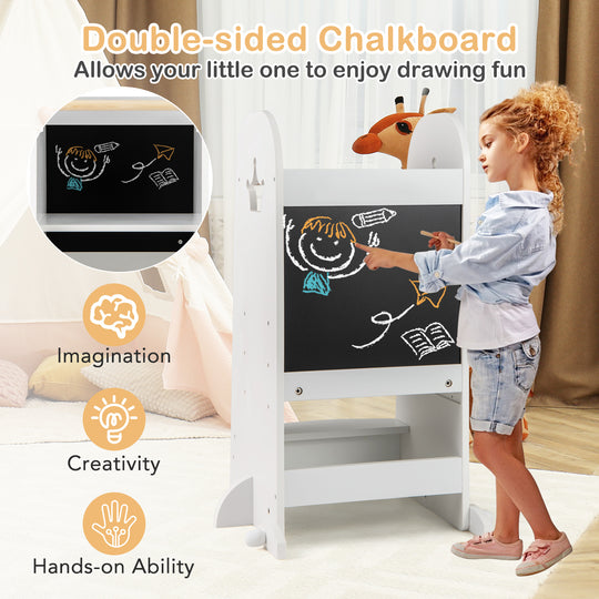 Kids Kitchen Tower Adjustable with Chalkboard and Safety Rail-White