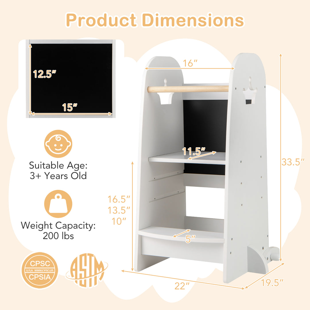 Kids Kitchen Tower Adjustable with Chalkboard and Safety Rail-White