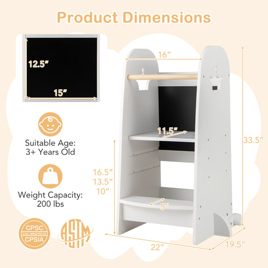 Kids Kitchen Tower Adjustable with Chalkboard and Safety Rail-White