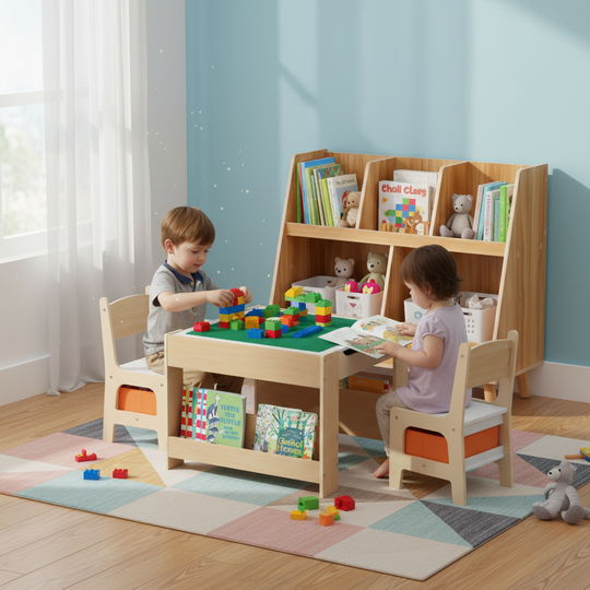 Kids Learning & Play Essentials Bundle - Bookshelf + 4-in-1 Activity Table Set + 360¬∞ Swivel Chair