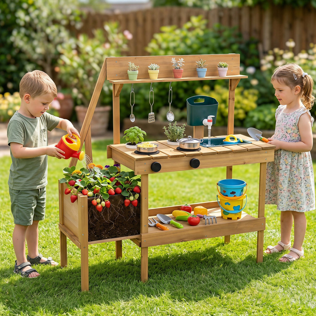 Wooden Mud Kitchen with Planter Box for Kids