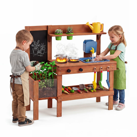 Kids Mud Kitchen with Planter Box and 13 Accessories