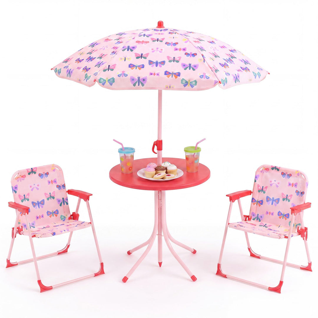 Kids Outdoor Table and Chair Set with 2 Folding Chairs and Height Adjustable Umbrella