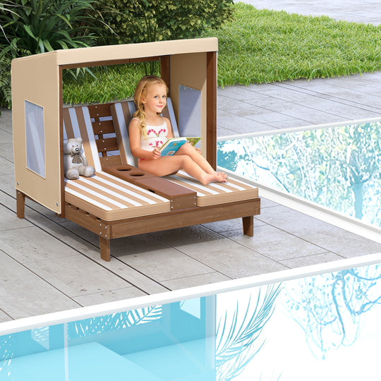 Kids Patio Lounge Chair with Cup Holders and Awning-Brown