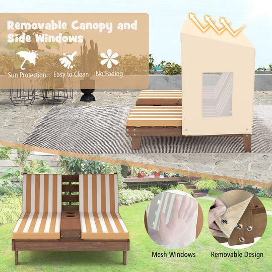 Kids Patio Lounge Chair with Cup Holders and Awning-Brown