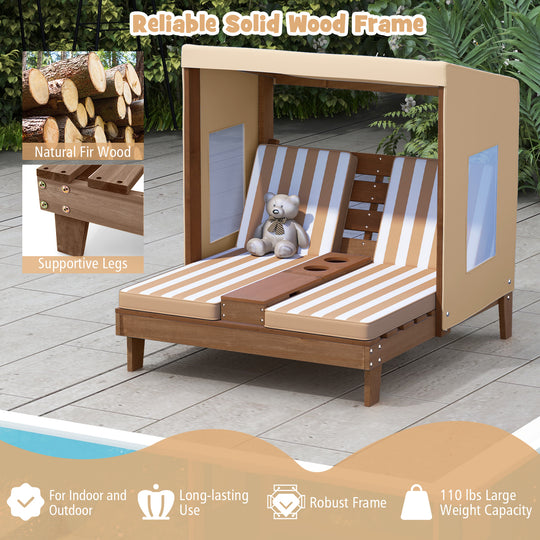 Kids Patio Lounge Chair with Cup Holders and Awning-Brown