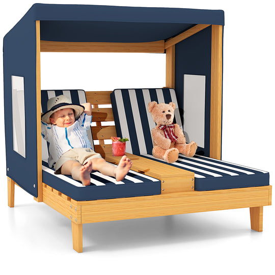 Kids Patio Lounge Chair with Cup Holders and Awning-Navy
