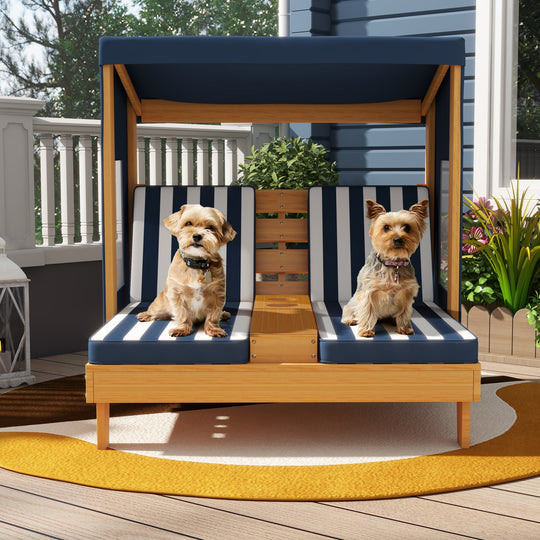 Kids Patio Lounge Chair with Cup Holders and Awning-Navy